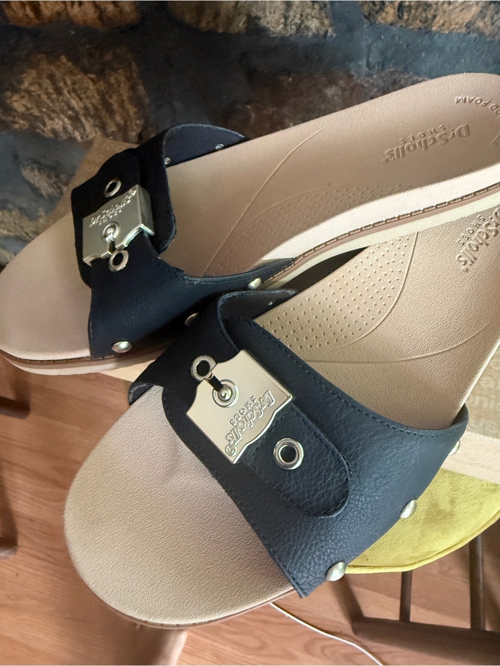 Dr. Scholl's Black Slide Mules with Gold Plaque
